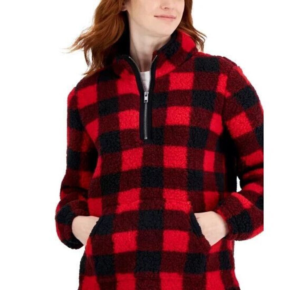 NWT Style‎ & Co  Pullover Jacket Multicolor Large Plaid 1/4 Zip Long Sleeve Red